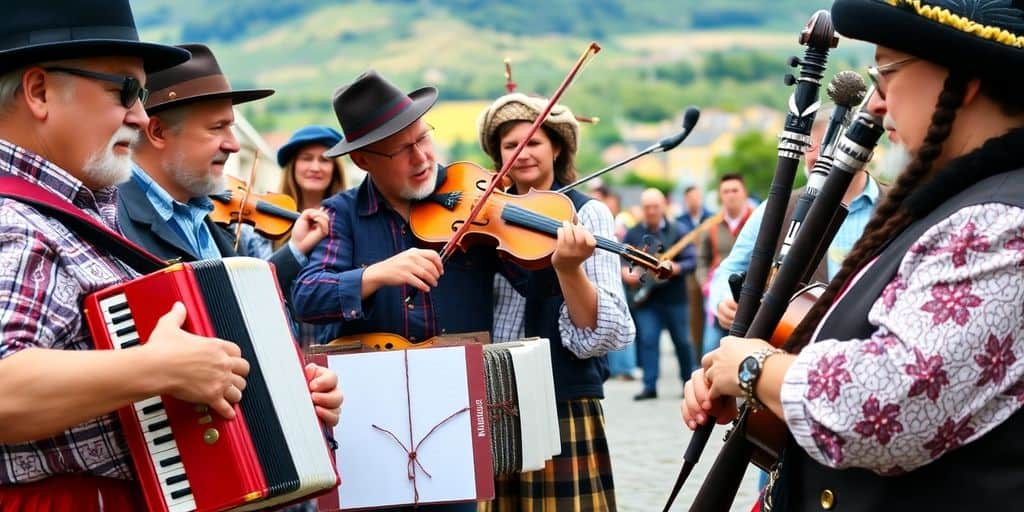 Musiker mit traditionellen Instrumenten spielen