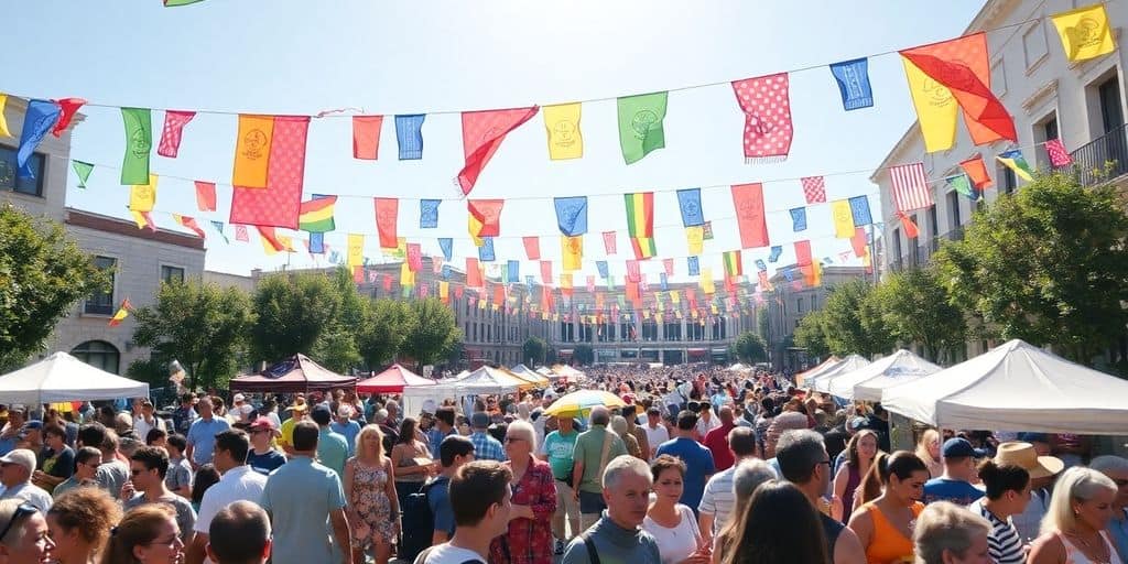 Menschen feiern auf einem europäischen Stadtplatz.