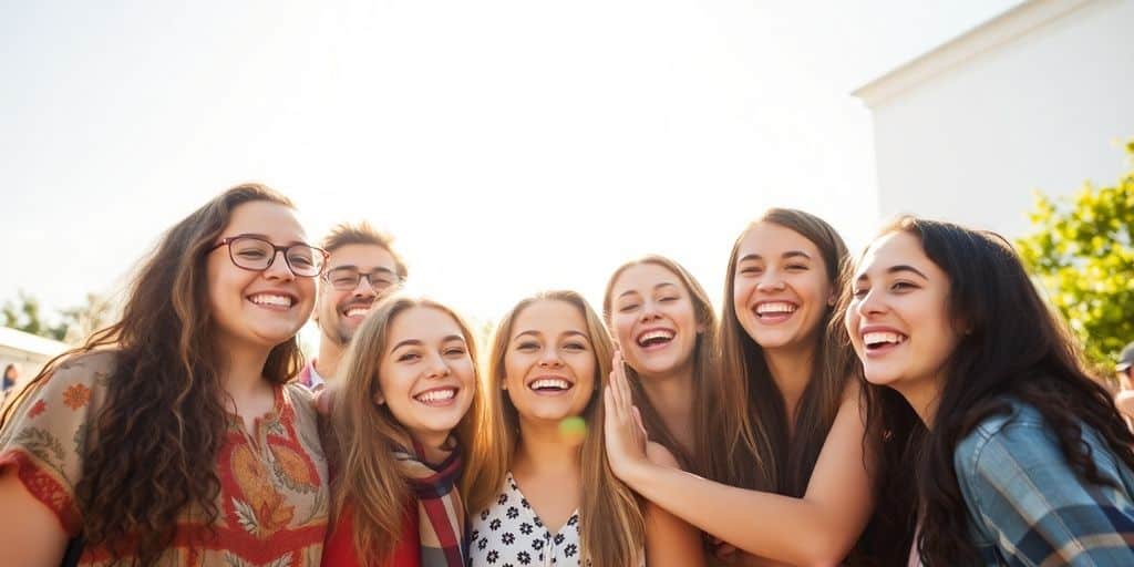 Junge Menschen lachen und umarmen sich im Freien.