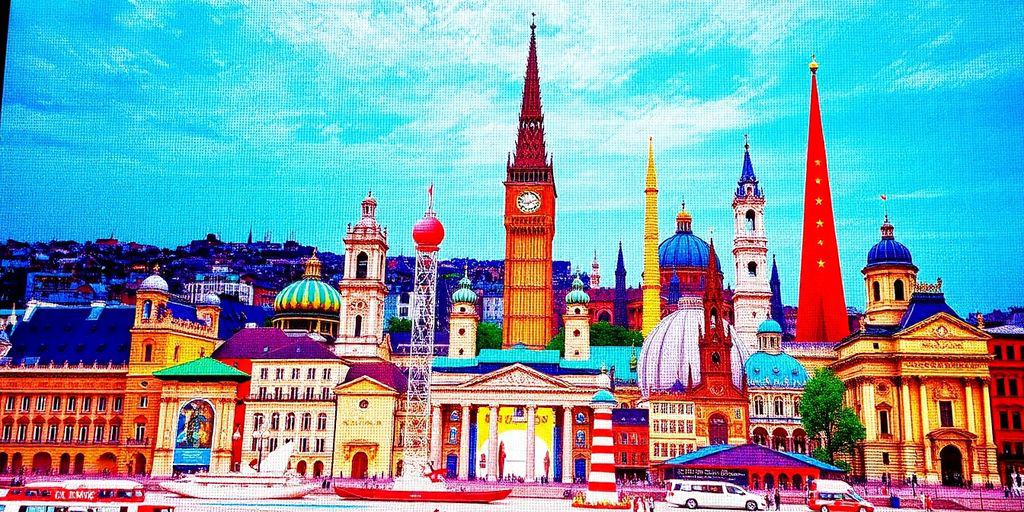 Europäische Wahrzeichen leuchten auf einem digitalen Bildschirm.